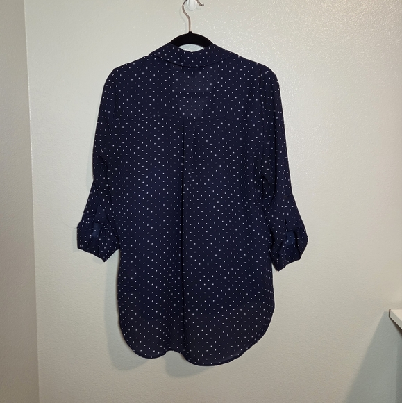 Elegant Navy Polka Dot Button Down Shirt - Picture 3 of 4